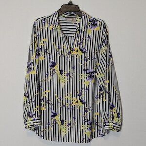 CHICO'S Black/White Stripe & Floral Long Sleeve Satin Button Blouse; Size 16/18